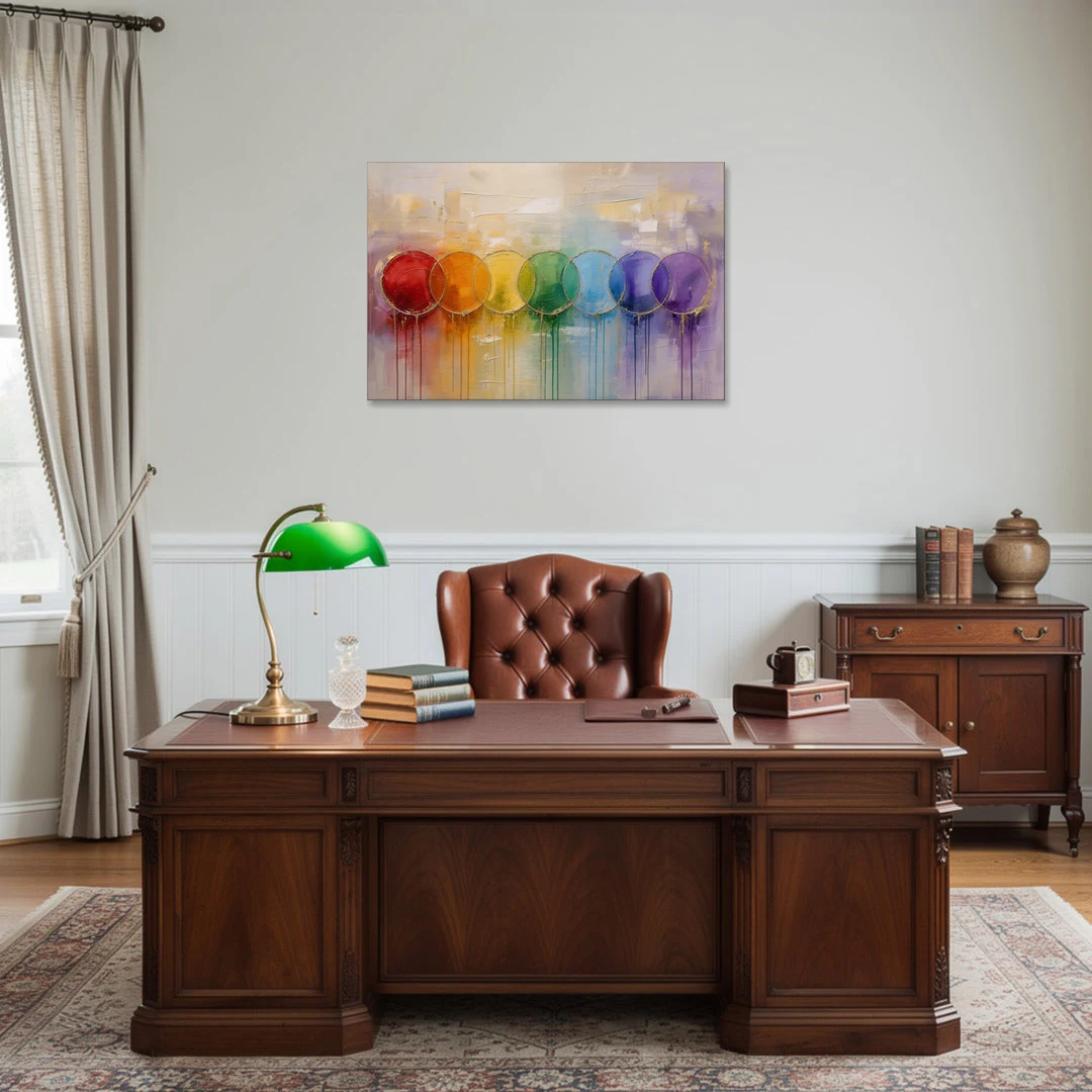 Seven Overlapping Chakra Circles with Gold Drips - Canvas Wall Art - Office - 36x24