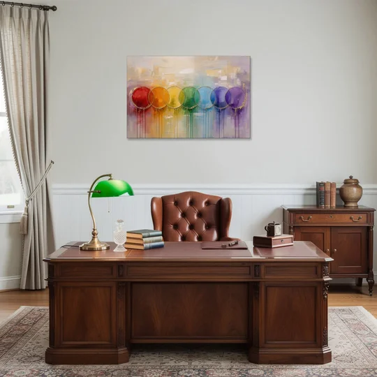 Seven Overlapping Chakra Circles with Gold Drips - Canvas Wall Art - Office - 36x24