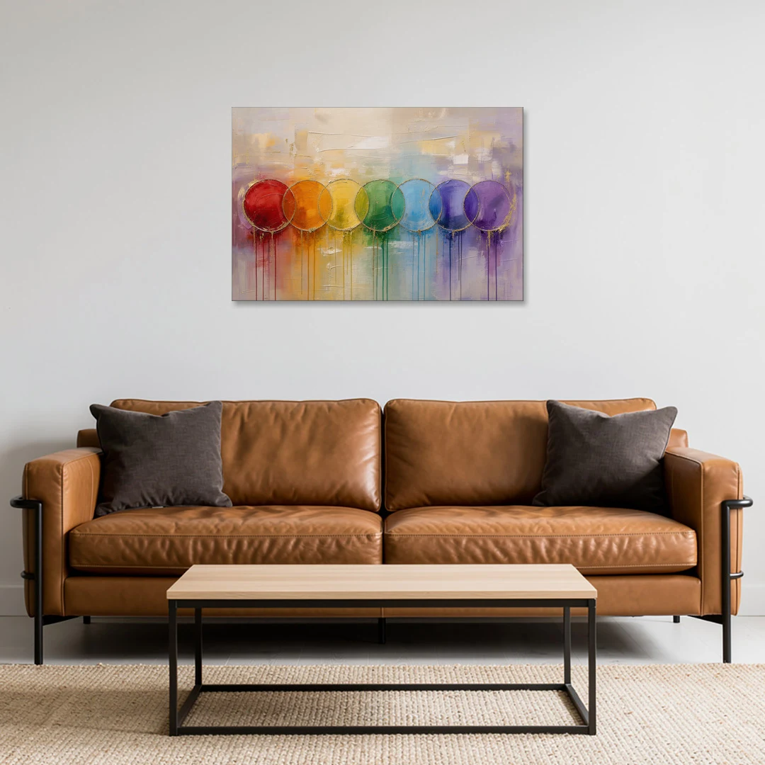 Seven Overlapping Chakra Circles with Gold Drips - Canvas Wall Art - Sofa - 36x24