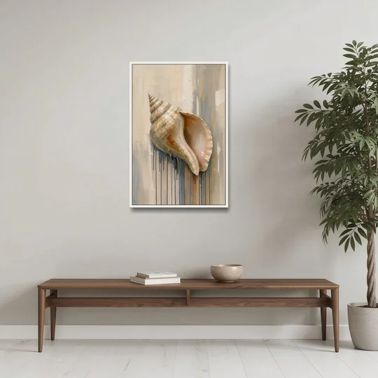Shell Canvas Painting with Gilded Lip - White Framed Canvas Wall Art - Coffee Table - 24x36