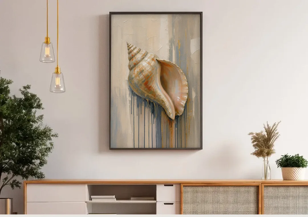 Shell Canvas Painting with Gilded Lip canvas wall art above a wooden sideboard under pendant lights