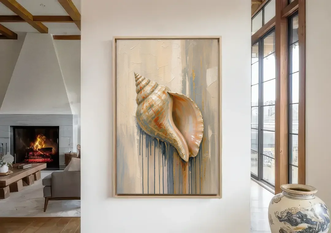 Shell Canvas Painting with Gilded Lip canvas wall art in a living room with a fireplace