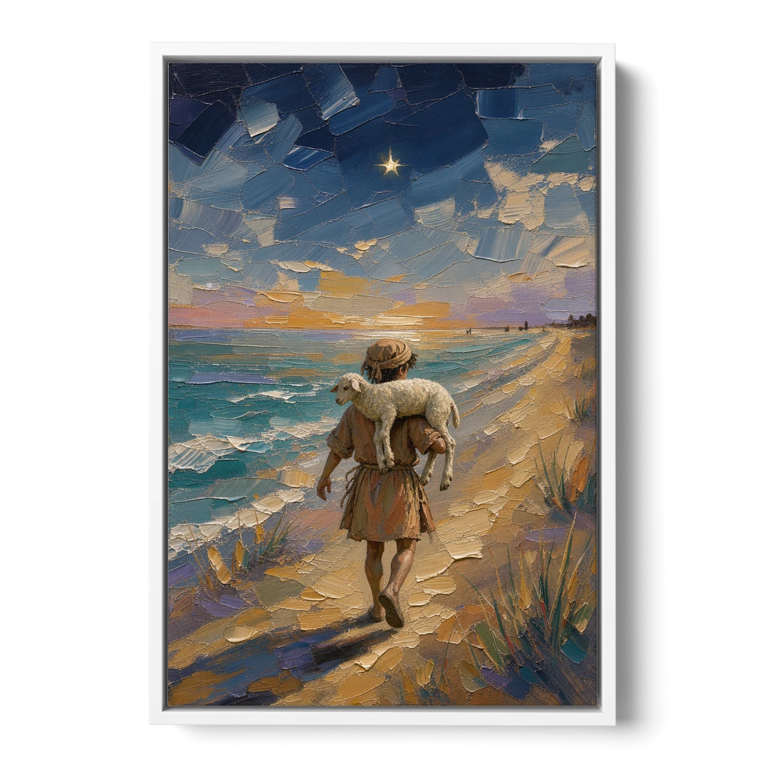 Christian Shepherd Carrying the Lamb - White Framed Canvas Wall Art - Front