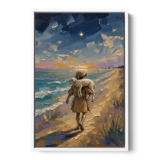 Christian Shepherd Carrying the Lamb - White Framed Canvas Wall Art - Front