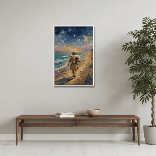 Christian Shepherd Carrying the Lamb - White Framed Canvas Wall Art - Coffee Table - 24x36