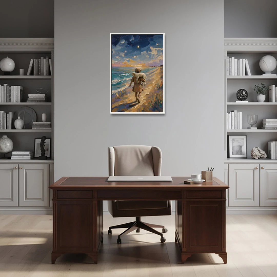 Christian Shepherd Carrying the Lamb - White Framed Canvas Wall Art - Office - 24x36