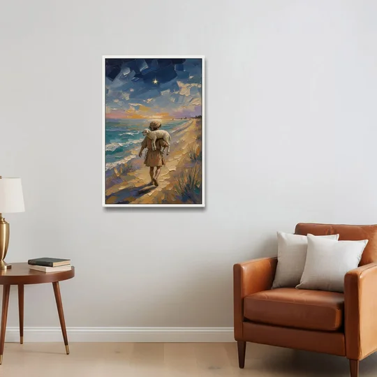 Christian Shepherd Carrying the Lamb - White Framed Canvas Wall Art - Sofa - 24x36