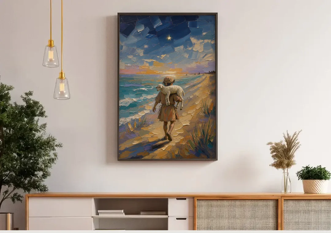 Christian Shepherd Carrying the Lamb canvas wall art above a wooden sideboard under pendant lights