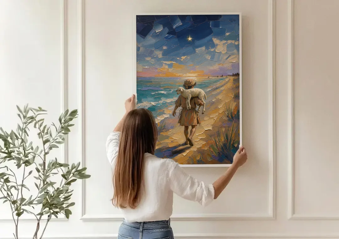 Christian Shepherd Carrying the Lamb canvas wall art being hung on a paneled wall