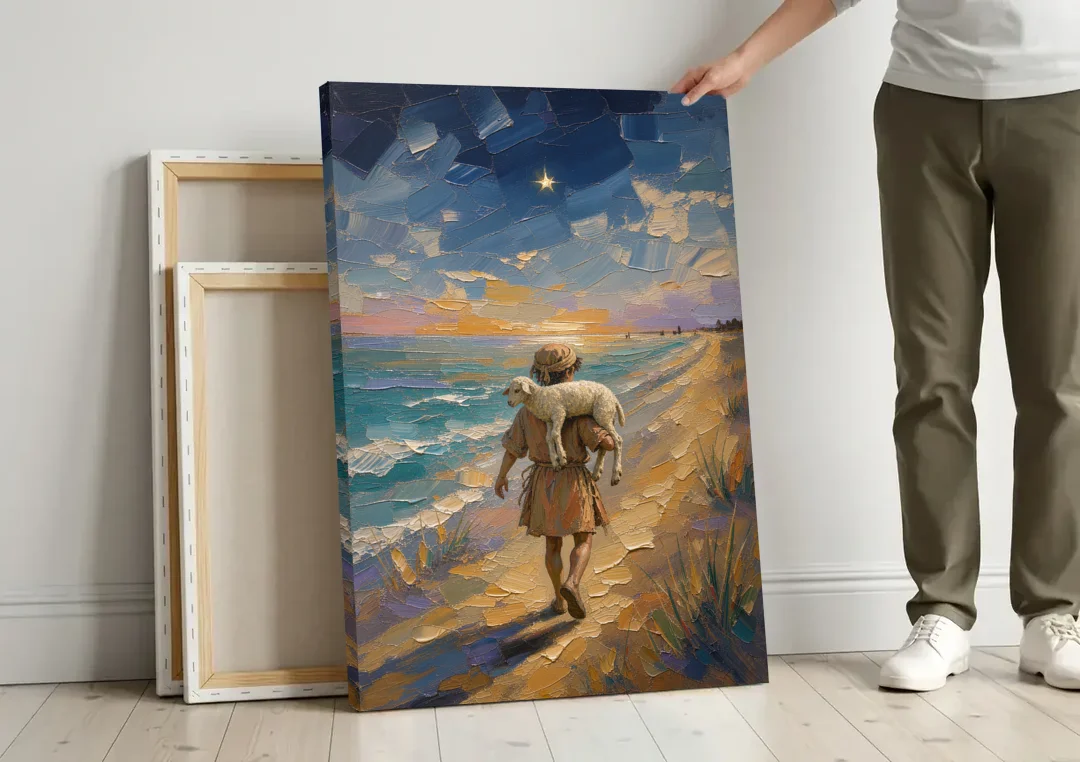 Christian Shepherd Carrying the Lamb canvas wall art leaning against a wall next to blank canvases
