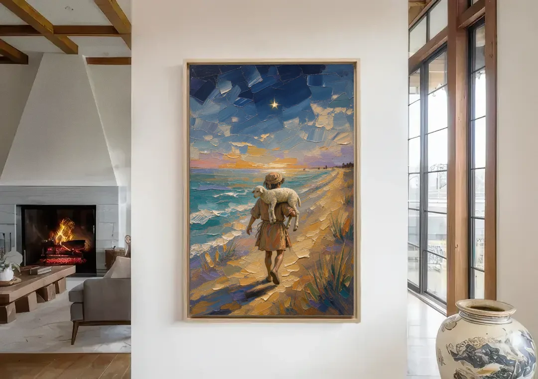 Christian Shepherd Carrying the Lamb canvas wall art in a living room with a fireplace