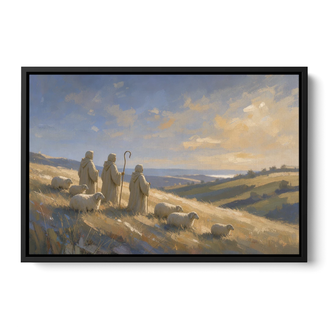 Shepherds Nativity Painting at Golden Dawn - Black Framed Canvas Wall Art - Front