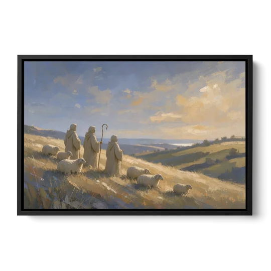 Shepherds Nativity Painting at Golden Dawn - Black Framed Canvas Wall Art - Front