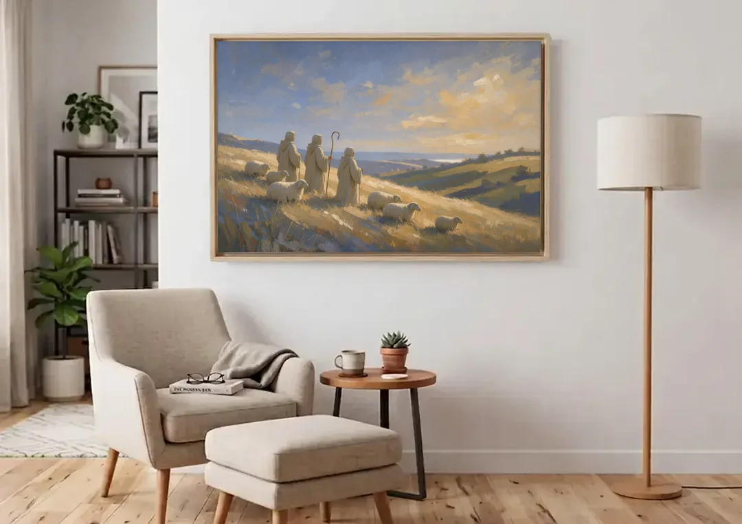 Shepherds Nativity Painting at Golden Dawn canvas wall art above an armchair in a bright living room