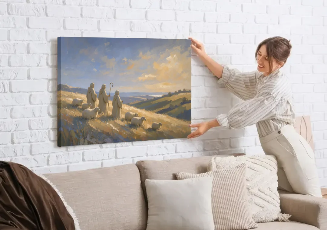 Shepherds Nativity Painting at Golden Dawn canvas wall art being hung on a white brick wall above a sofa