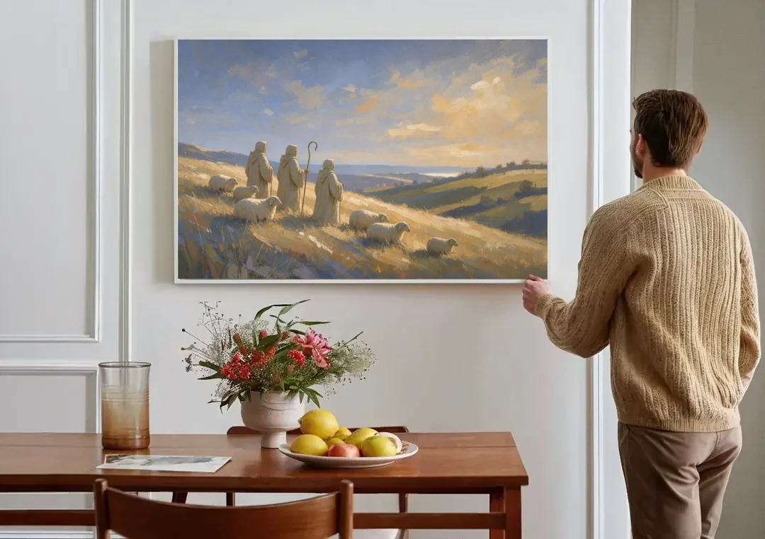 Shepherds Nativity Painting at Golden Dawn canvas wall art above a dining table
