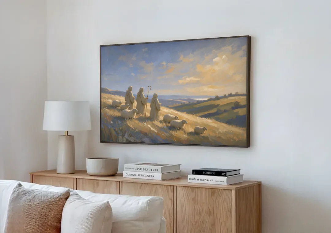 Shepherds Nativity Painting at Golden Dawn canvas wall art above a wooden sideboard next to a sofa