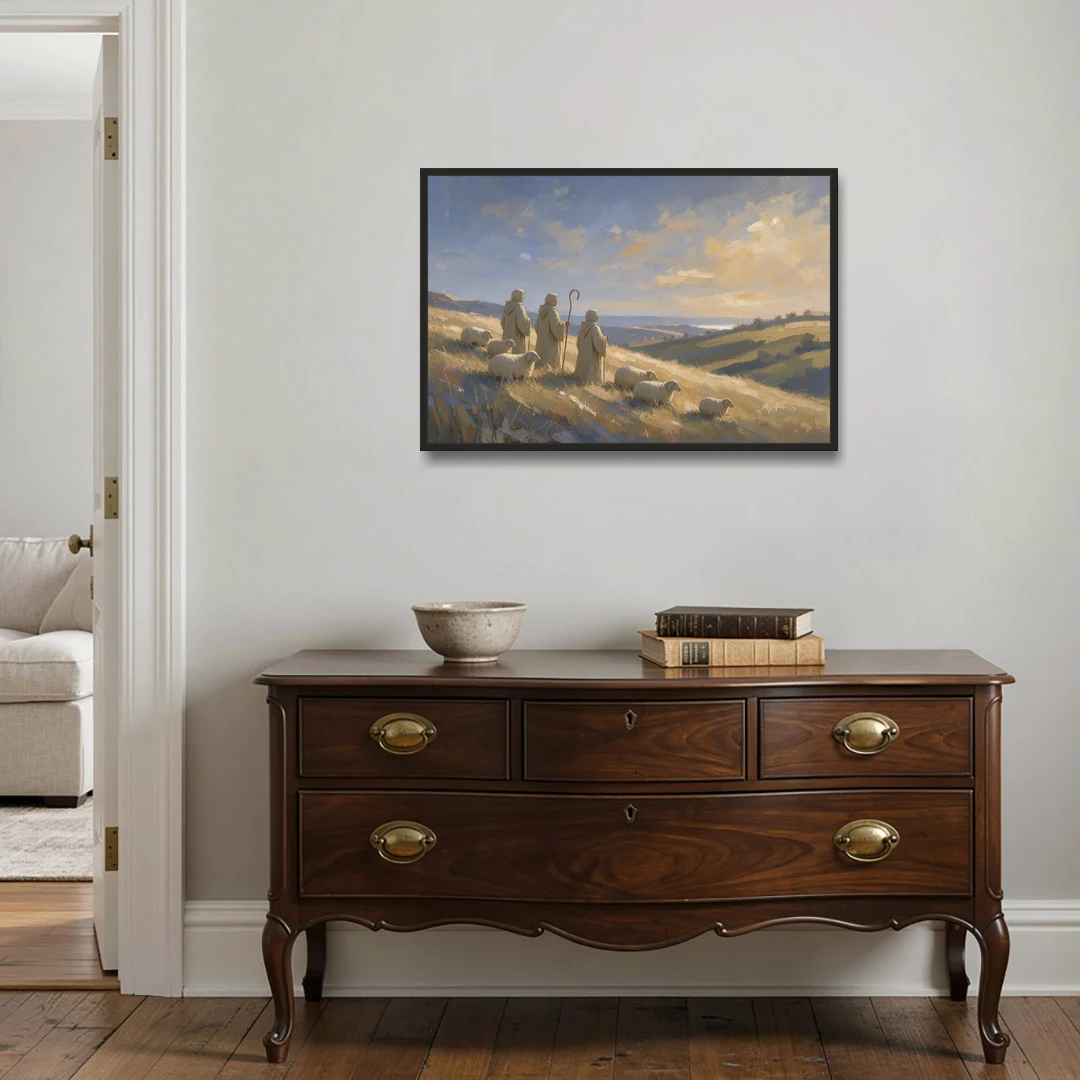 Shepherds Nativity Painting at Golden Dawn - Black Framed Canvas Wall Art - Coffee Table - 36x24