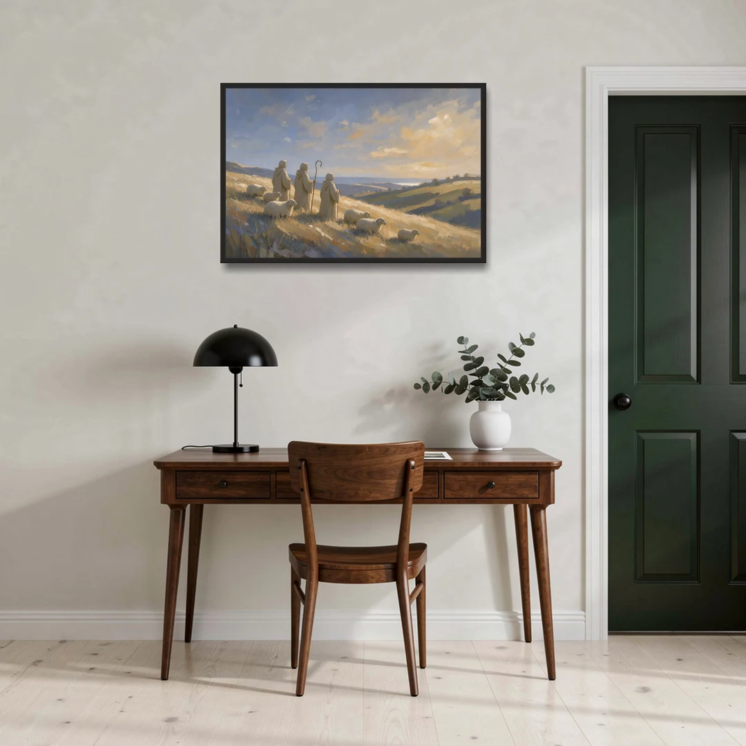 Shepherds Nativity Painting at Golden Dawn - Black Framed Canvas Wall Art - Office - 36x24