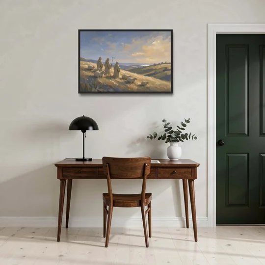 Shepherds Nativity Painting at Golden Dawn - Black Framed Canvas Wall Art - Office - 36x24