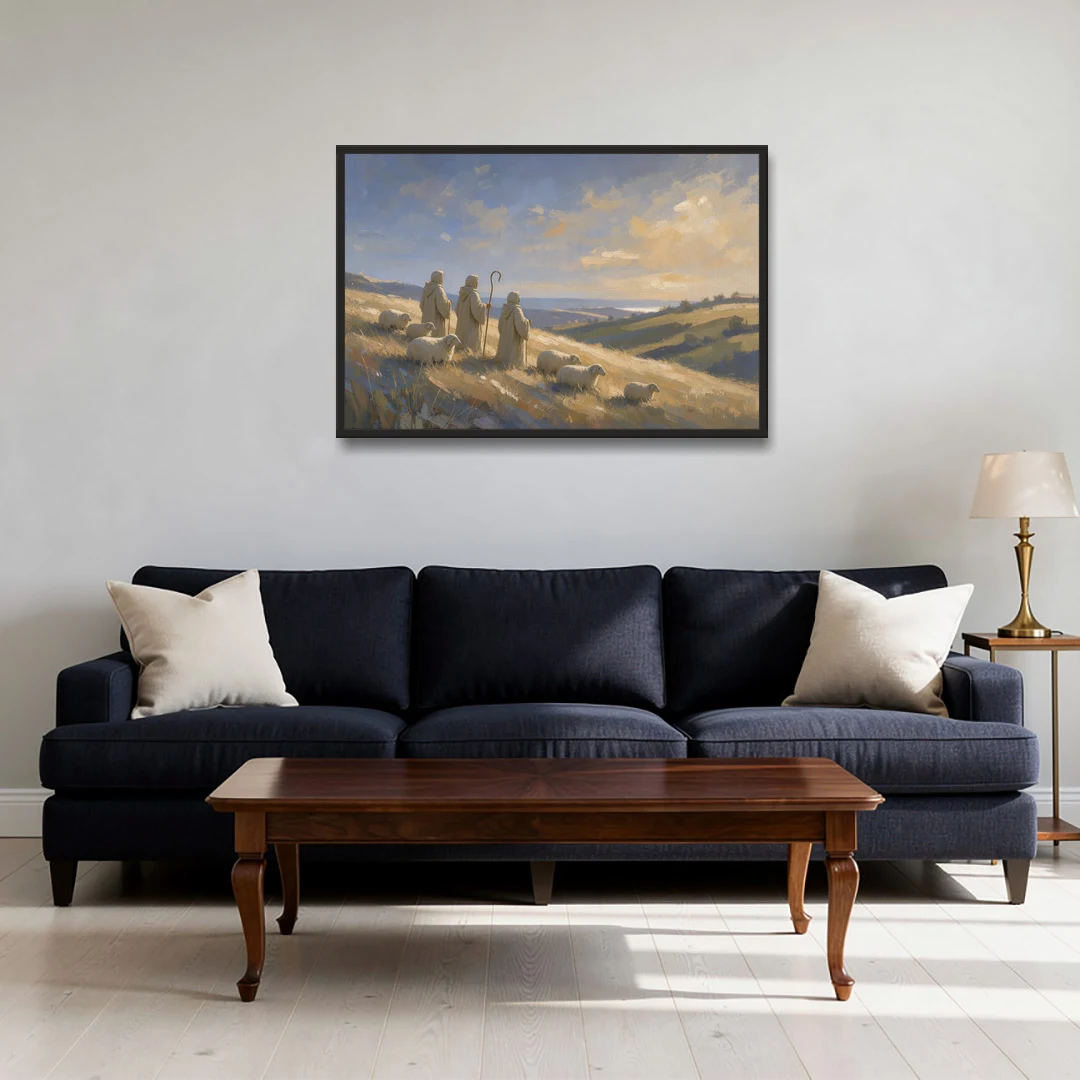 Shepherds Nativity Painting at Golden Dawn - Black Framed Canvas Wall Art - Sofa - 36x24