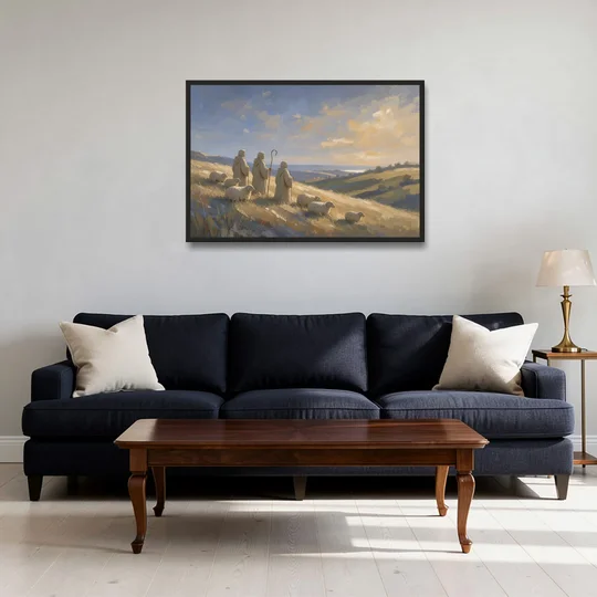 Shepherds Nativity Painting at Golden Dawn - Black Framed Canvas Wall Art - Sofa - 36x24