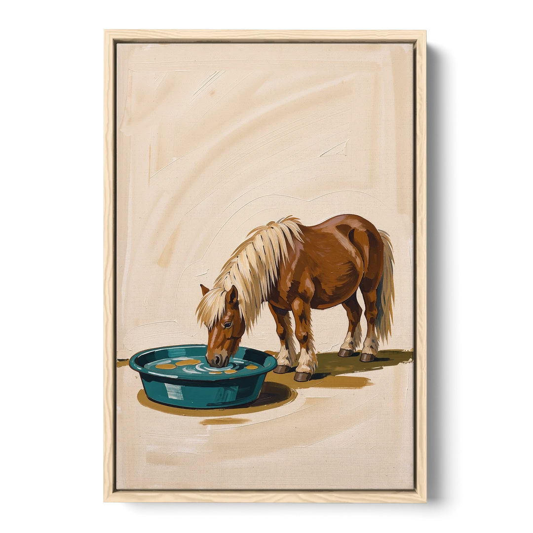 Shetland Pony Drinks the Bathwater - Oak Framed Canvas Wall Art - Front
