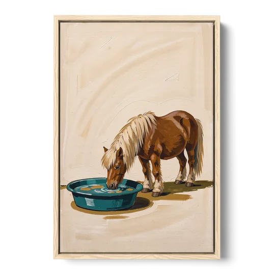Shetland Pony Drinks the Bathwater - Oak Framed Canvas Wall Art - Front