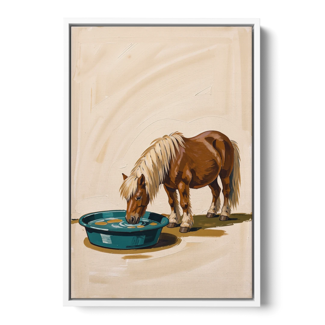 Shetland Pony Drinks the Bathwater - White Framed Canvas Wall Art - Front