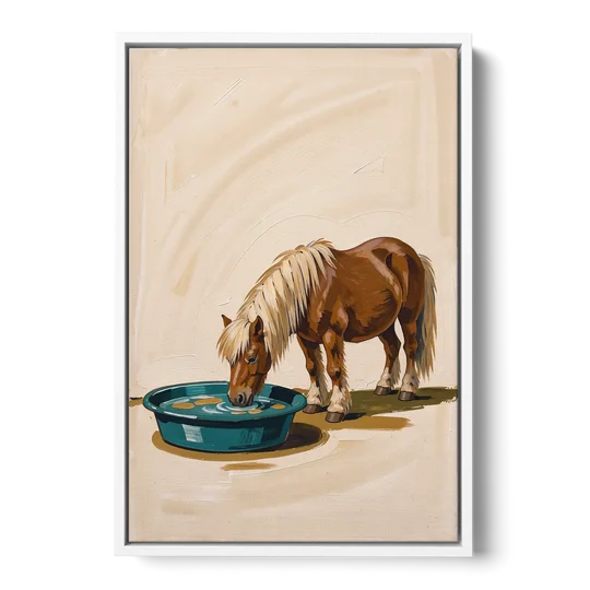 Shetland Pony Drinks the Bathwater - White Framed Canvas Wall Art - Front