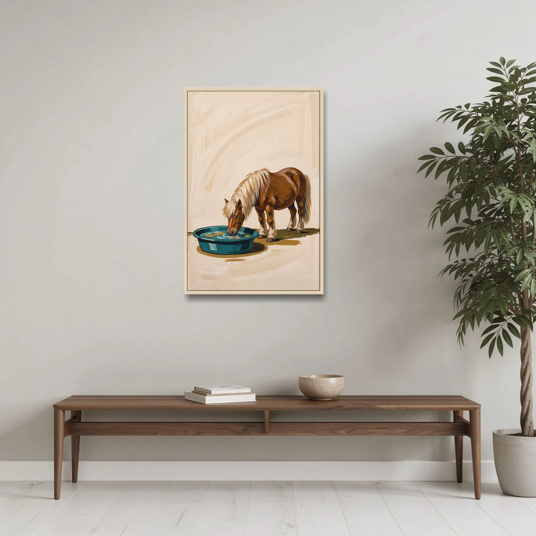 Shetland Pony Drinks the Bathwater - Oak Framed Canvas Wall Art - Coffee Table - 24x36