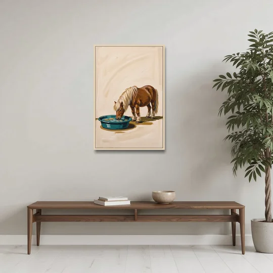 Shetland Pony Drinks the Bathwater - Oak Framed Canvas Wall Art - Coffee Table - 24x36