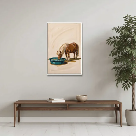 Shetland Pony Drinks the Bathwater - White Framed Canvas Wall Art - Coffee Table - 24x36