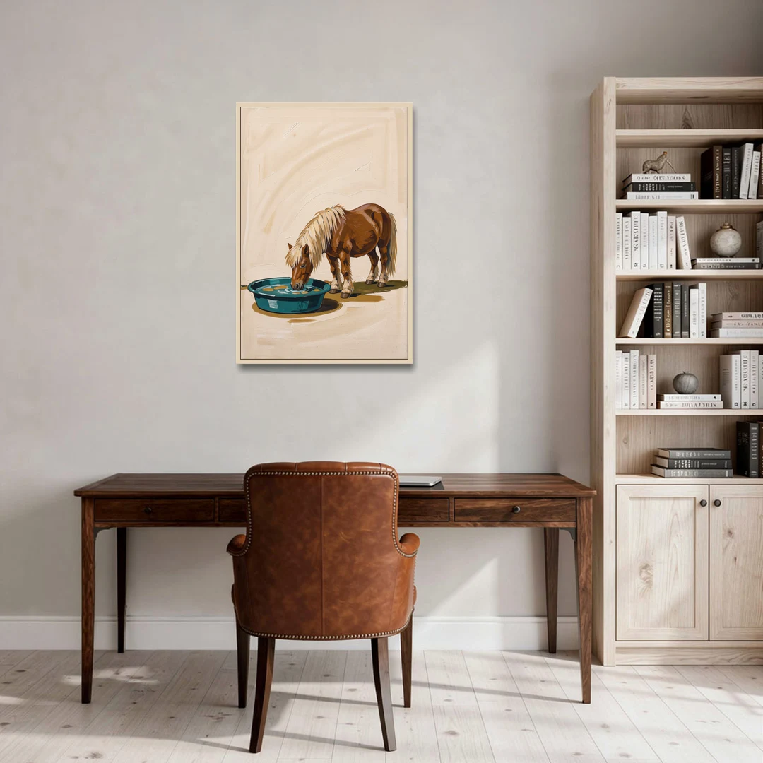 Shetland Pony Drinks the Bathwater - Oak Framed Canvas Wall Art - Office - 24x36