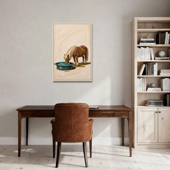 Shetland Pony Drinks the Bathwater - Oak Framed Canvas Wall Art - Office - 24x36