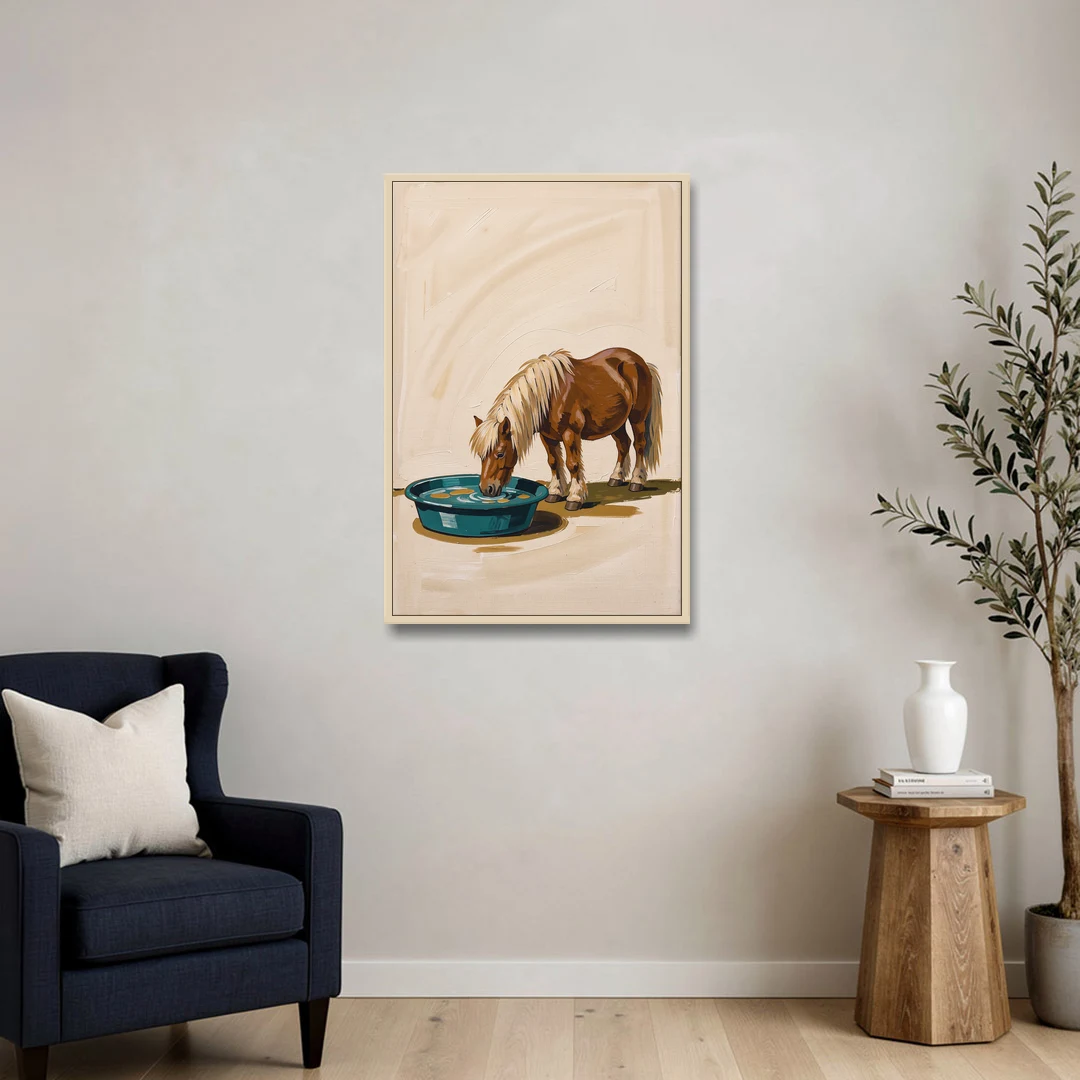 Shetland Pony Drinks the Bathwater - Oak Framed Canvas Wall Art - Sofa - 24x36