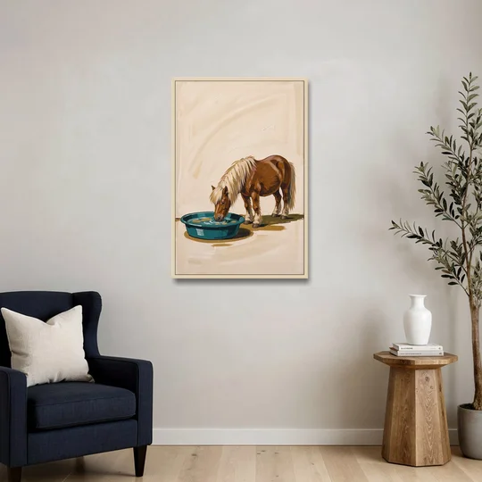 Shetland Pony Drinks the Bathwater - Oak Framed Canvas Wall Art - Sofa - 24x36
