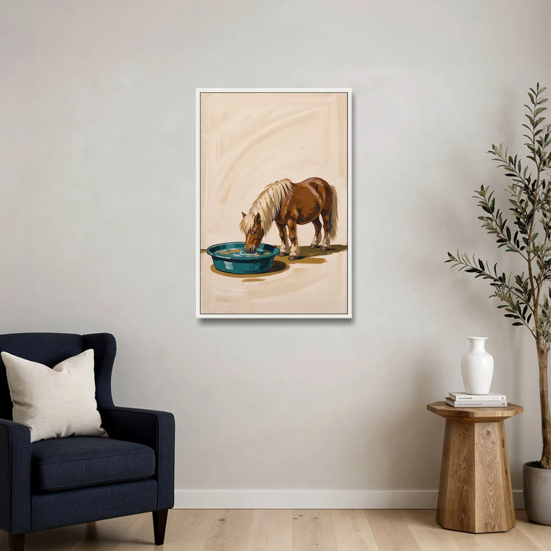 Shetland Pony Drinks the Bathwater - White Framed Canvas Wall Art - Sofa - 24x36