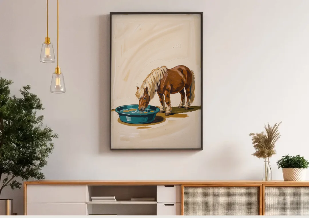 Shetland Pony Drinks the Bathwater canvas wall art above a wooden sideboard under pendant lights