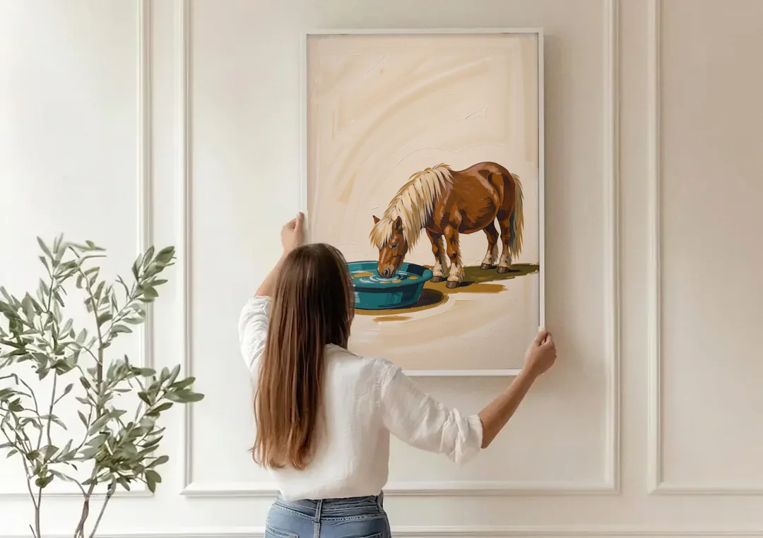 Shetland Pony Drinks the Bathwater canvas wall art being hung on a paneled wall