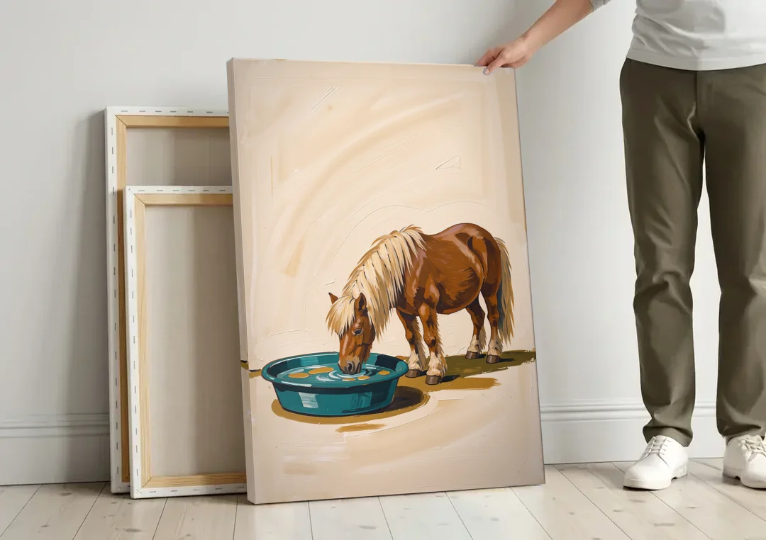 Shetland Pony Drinks the Bathwater canvas wall art leaning against a wall next to blank canvases