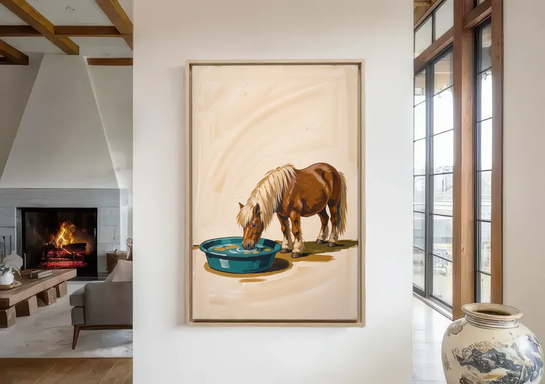 Shetland Pony Drinks the Bathwater canvas wall art in a living room with a fireplace