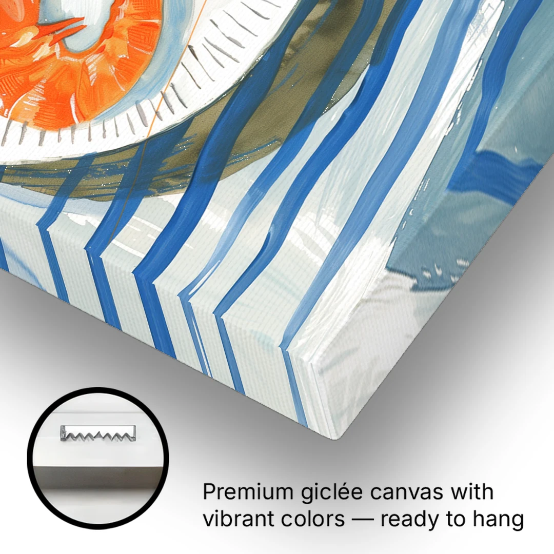 Shrimp Painting on a Blue Striped Cloth - Canvas Wall Art - Gallery Wrap Corner