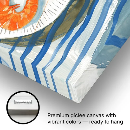 Shrimp Painting on a Blue Striped Cloth - Canvas Wall Art - Gallery Wrap Corner
