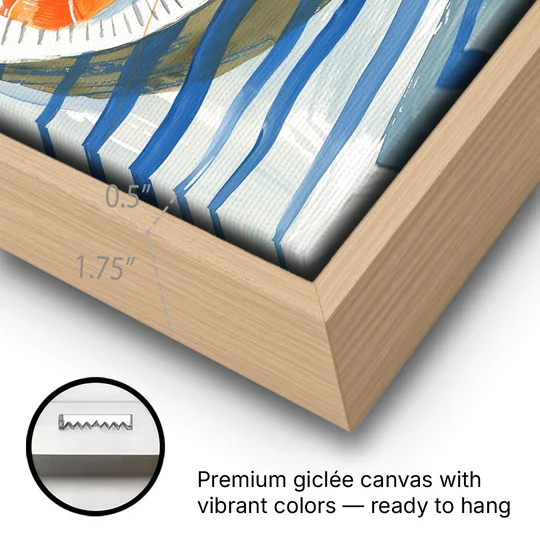 Shrimp Painting on a Blue Striped Cloth - Oak Framed Canvas Wall Art - Gallery Wrap Corner