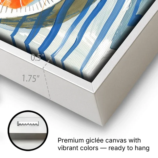 Shrimp Painting on a Blue Striped Cloth - White Framed Canvas Wall Art - Gallery Wrap Corner