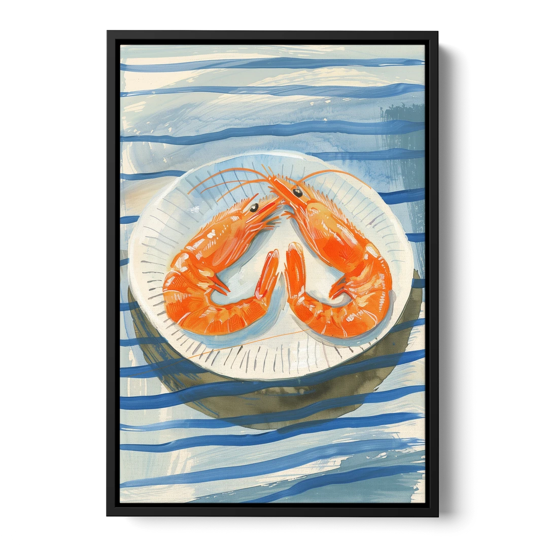 Shrimp Painting on a Blue Striped Cloth - Black Framed Canvas Wall Art - Front