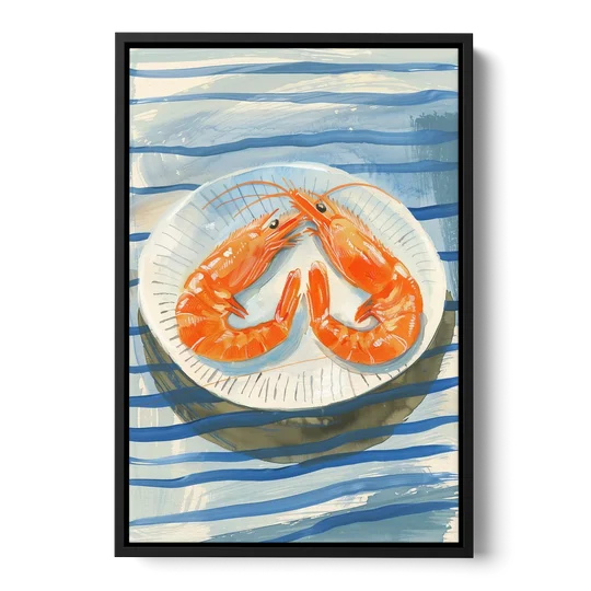 Shrimp Painting on a Blue Striped Cloth - Black Framed Canvas Wall Art - Front