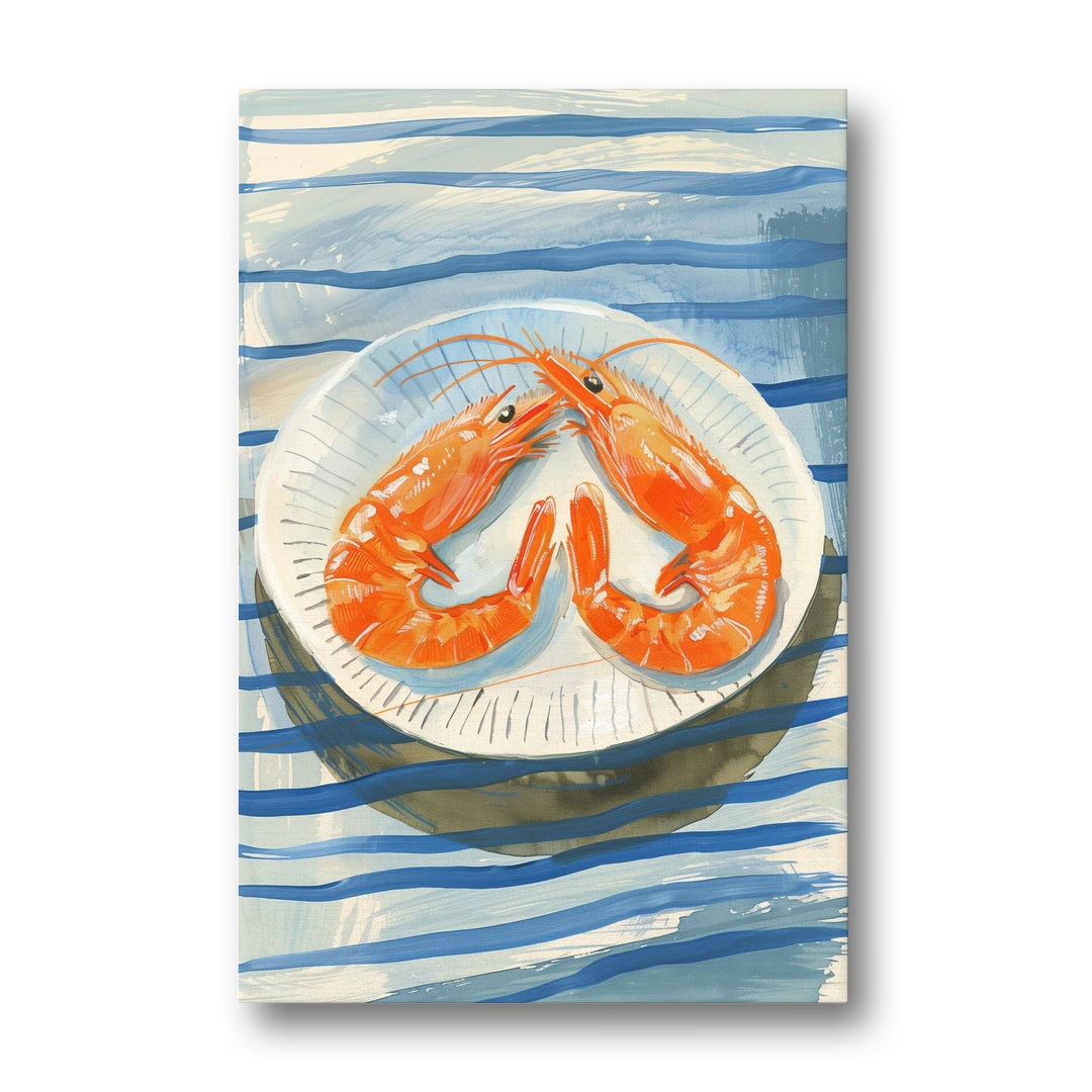 Shrimp Painting on a Blue Striped Cloth - Canvas Wall Art - Front