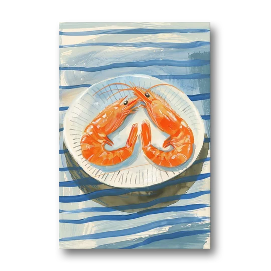 Shrimp Painting on a Blue Striped Cloth - Canvas Wall Art - Front